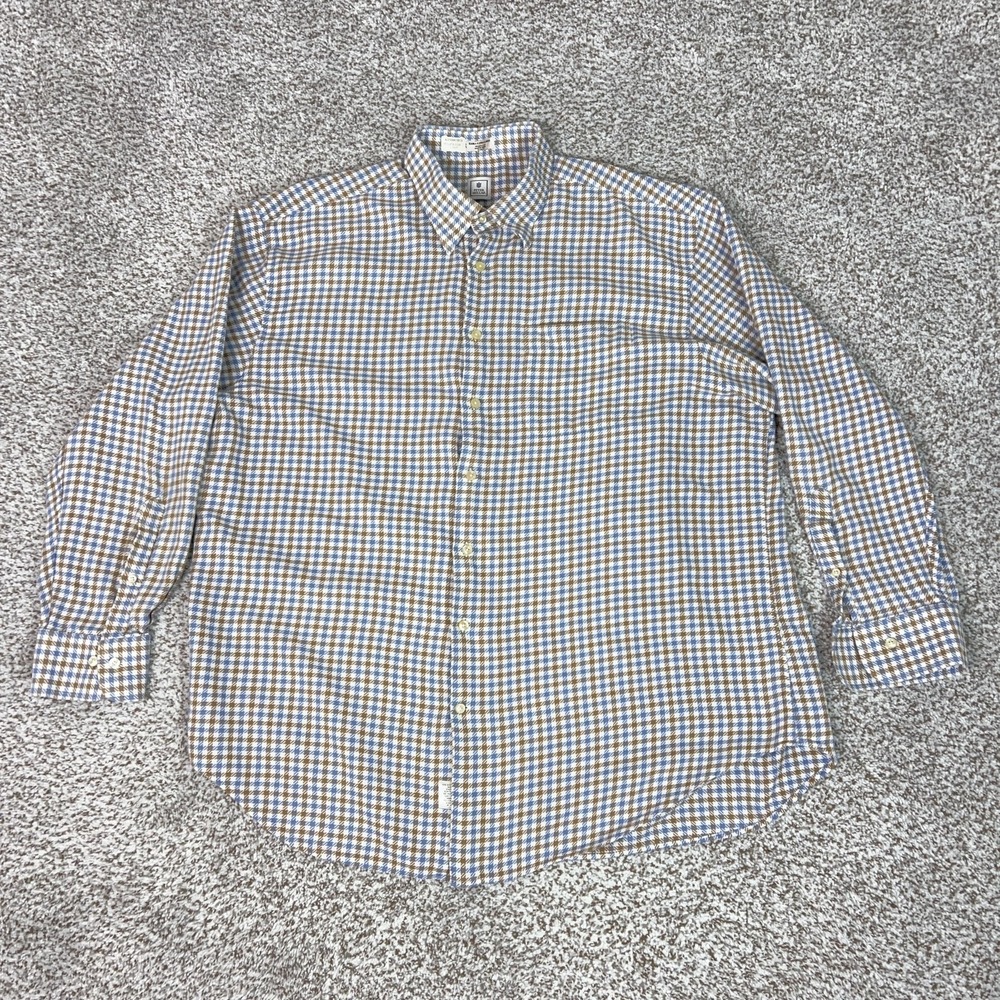 Peter Millar Shirt Mens 2XL Blue Tan Button Down Long‎ Sleeve Houndstooth Check